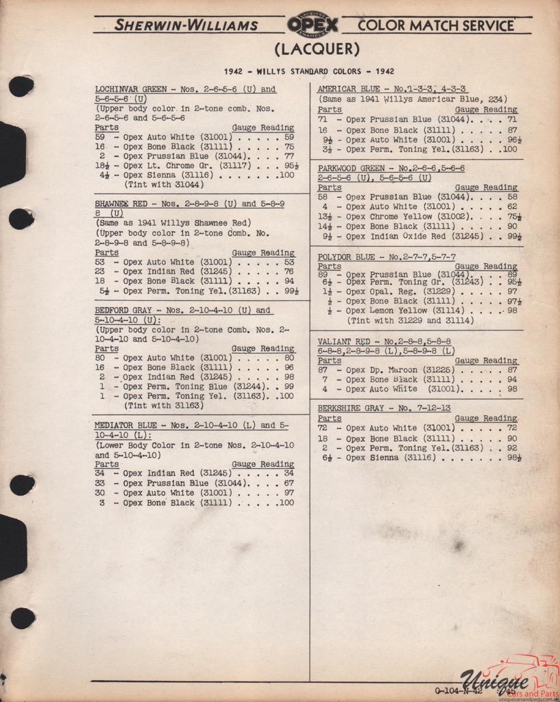 1942 Willys Paint Charts Williams 3